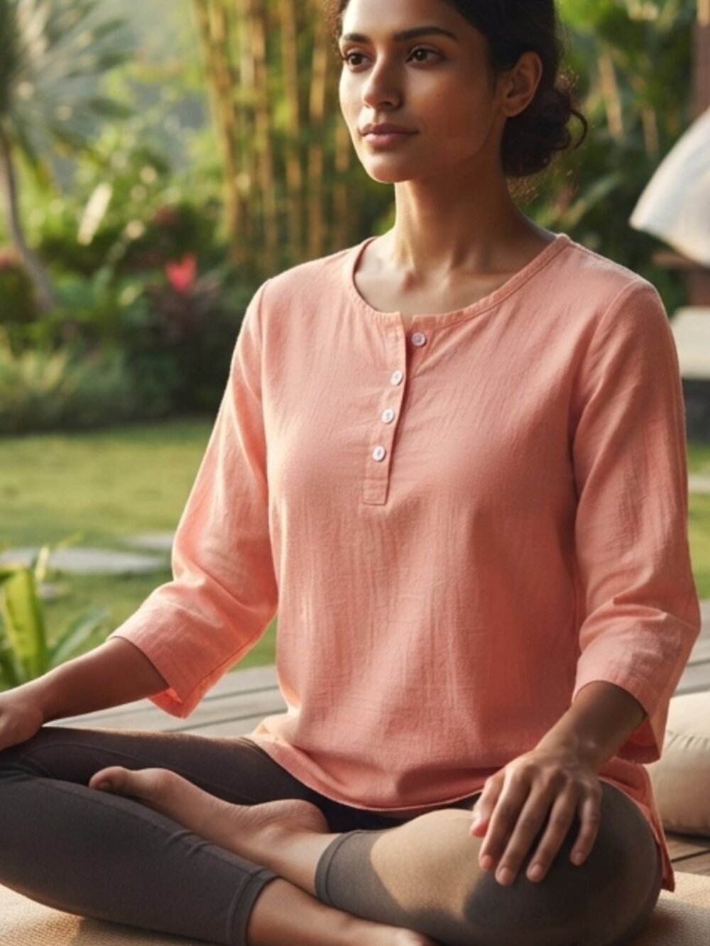 100% Cotton Peach Henley Button Front 3/4 Sleeve, Medium, Linen look